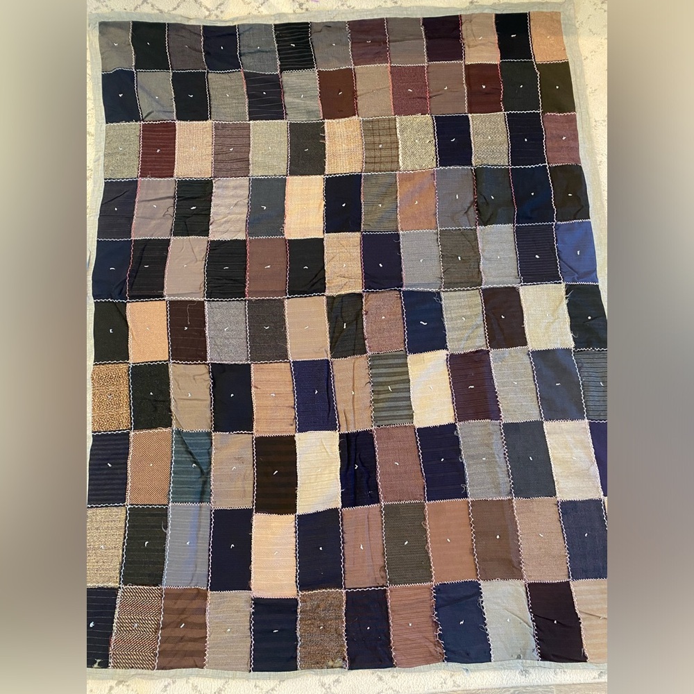 Vintage String Tied Patchwork Comforter/Quilt Made from Men's Old Suits-80”/64”